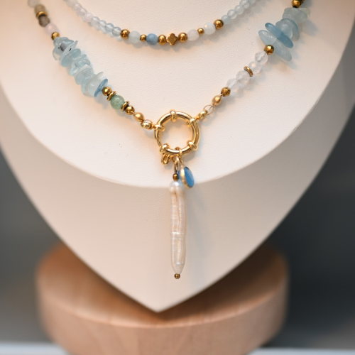 Naszyjnik Mix Błękitnych Kamieni Perła